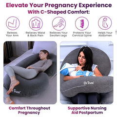 Maternity Pillow For Pregnancy Sleeping, C Shape Full Body Cushion, Grey | For Pregnant Women To Sit & Sleep Comfortable | For Sitting, Belly Support, Back Pain, Adjustable - Pack Of 1