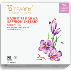 Teabox Fresh Kashmiri Kahwa Saffron (Kesar) Green Tea - 25 Pyramid Tea Bags | Green Tea Hand Blended With Natural Saffron, Almond, Cardamom & Cloves - 100% Natural Ingredients