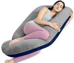 Full Body Pillow, G Shape Pregnancy Pillow, For Pregnant Women, Grey & Navy Blue | Single Pillow For Multipurpose Use During Maternity | Premium Velvet Cover With Zip, Adjustable Pillow