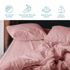 Stripe Cotton Fitted King Bedsheet With 2 Pillow Covers - 72x78 Inches, Pink | 12"Deep Pocket-1 Elastic Fitted-Sateen Weave Premium Bedding Set For Double Bed
