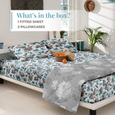 Printed Cotton Fitted Bedsheet For Double Bedsheet With 2 Pillow Covers, Bedding Set - 72x78 Inches, White | Sateen Weave Queen Size Bed Sheet, 12" Deep Pocket- 1 Elastic Fitted Bed Sheet