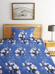 Floral Printed Single Bedsheet Size With 1 Pillow Cover - 60 X 90 Inches, Blue | Cotton Wrinkle Free Soft, Breathable | Durable & Long-Lasting