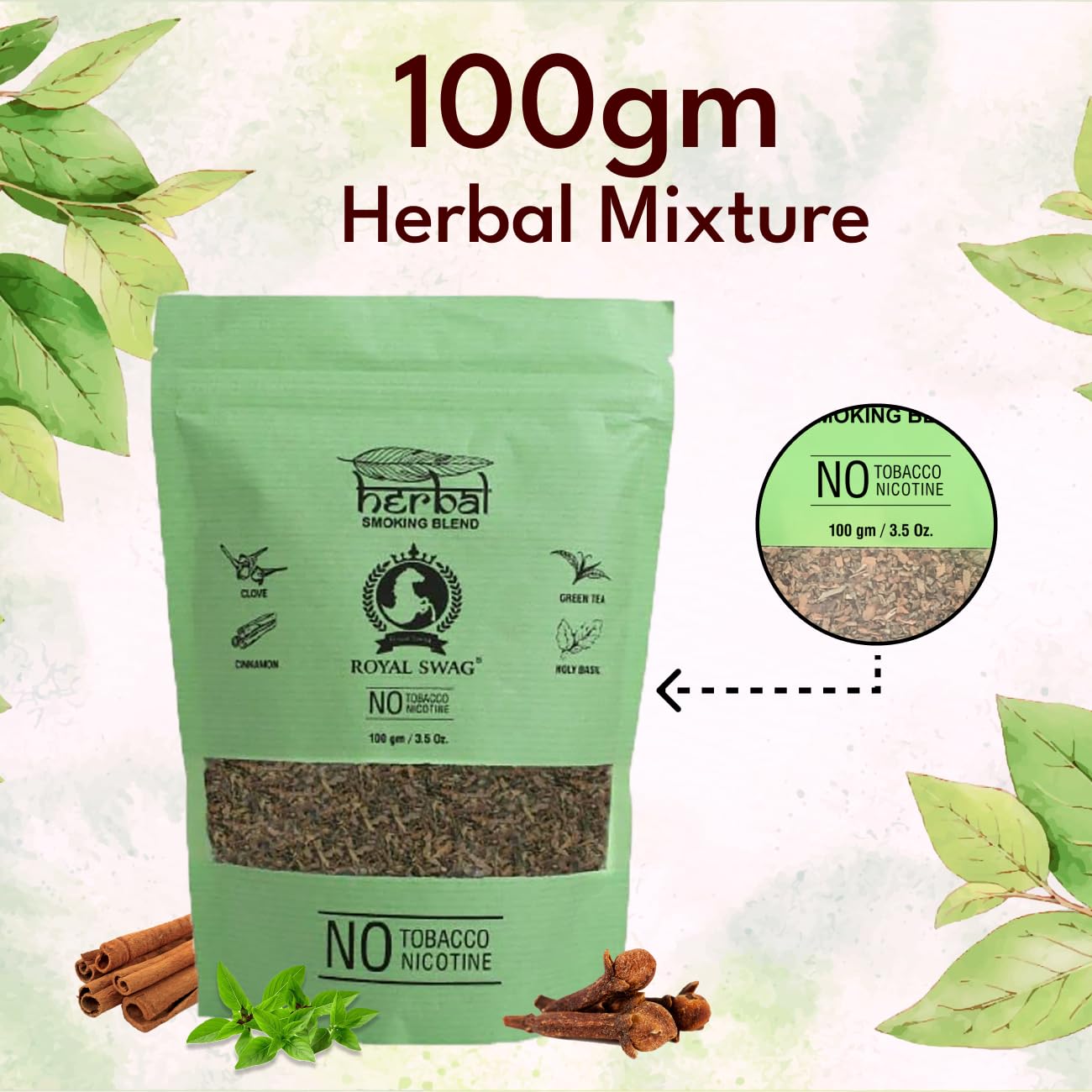 Royal Swag Tobacco & Nicotine Free Smoking Mixture With 100% Natural Herbal Smoking Blend 1 Pack -100gm With 100mm King Size Tendu Palm Leaf Rolls Ready To Use Cones Jar Of 50 Pcs Pack Royal Swag Tobacco & Nicotine Free Smoking Mixture With 100% Natural Herbal Smoking Blend 1 Pack -100gm With 100mm King Size Tendu Palm Leaf Rolls Ready To Use Cones Jar Of 50 Pcs Pack