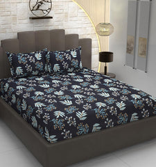 Printed Double Bedsheet With 2 Pillow Cover - 72 X 78 X 6 Inches, Black & Blue | All Around Elastic Fitted Bedsheet | Super Soft Polycotton With 200 Thread Count