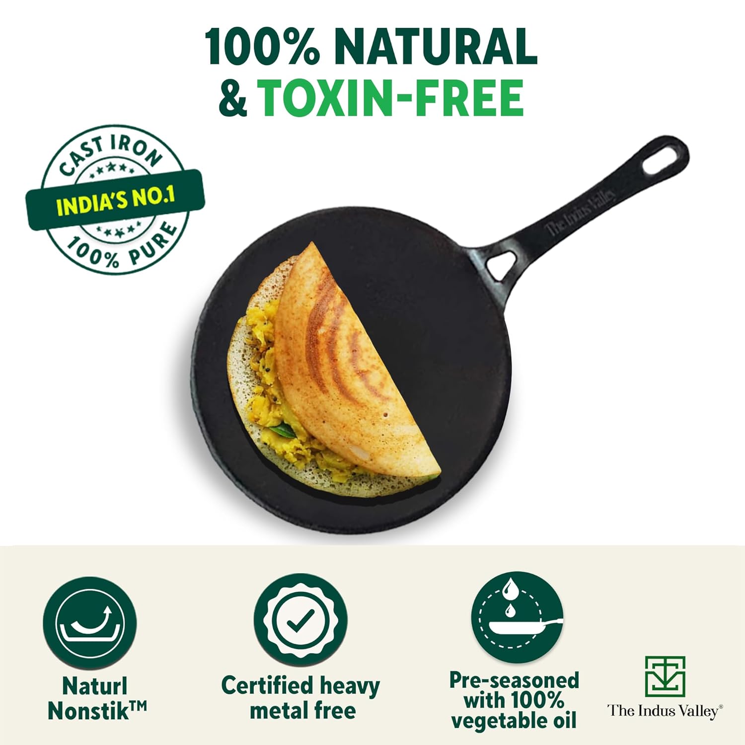 Pre-Seasoned Cast Iron Tawa For Dosa, Chapathi With Iron Tadka Pan | Nonstick, Pre-Seasoned Tava, 100% Pure & Toxin-Free - Pre-Seasoned Cast Iron Tawa + Free Flip, 25.4 Cm, 10 Inch Pre-Seasoned Cast Iron Tawa For Dosa, Chapathi With Iron Tadka Pan | Nonstick, Pre-Seasoned Tava, 100% Pure & Toxin-Free - Pre-Seasoned Cast Iron Tawa + Free Flip, 25.4 Cm, 10 Inch