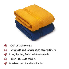Lukzer 100% Cotton Bath Towels 1000 Gsm | Super Absorbent Soft Large Body Napkin Quick Dry Lightweight Towels (Yellow & Blue) - 2 Piece