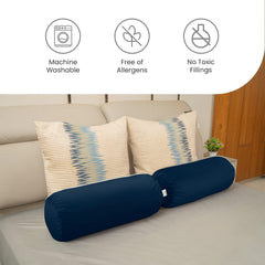 Microfiber Bolster Pillow For Bed & Sofa, Navy Blue - 10 X 25 Inches | Diwan, Round Side Pillow, Light, Soft & Fluffy For Neck & Back Support | Washable, Velvet Cover With Zip - 2 Piece