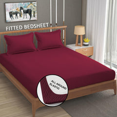 Cotton Elastic Fitted King Size Double Bed Bedsheet With 2 Pillow Covers - 72x78x6 Inches, Maroon | Durable Bedsheets For Everyday Comfort