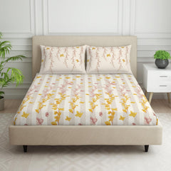 Double Bedsheet With 2 Pillow Covers (Size 88 X 100 Inch) Cream & White | Breathable Pure Cotton Queen Size Bedsheet | Floral Design Bedsheet
