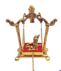 Laddu Gopal Ji On Jhula Metal Statue, Golden Krishna Murti, Religious, Occasion, Perfect Gift For Janmashatmi, Handicrafts, Ideal For Gift & Home Décor