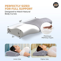 Memory Foam Cervical Neck Pillow, For Pain Relief, Size - 19 X 12 X 4 Inch | Soft Pillow For Improves Posture, Spinal Alignment, Neck Pain Relief | Grey Jacquard Cover - Pack Of 2