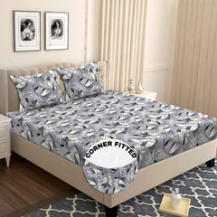 Elastic Fitted Double Bedsheets For Queen Size With 2 Pillow Covers - Size 72 X 68 X 6 Inches, Black & Grey | Double Bed With Corner Elastic | Wrinkle Free Super Soft Floral Breathable