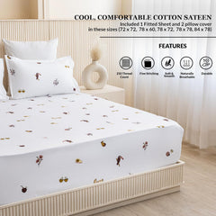 Printed Queen Size Elastic Fitted Bedsheet With 2 Pillow Covers - 71 X 77 Inches, White | Perfect For Home Decor & Gifting
