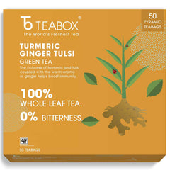 Teabox Turmeric Ginger Tulsi Green Tea - 50 Tea Bags | Made With 100% Whole Leaf, Natural Ginger, Turmeric & Tulsi - Flavorful & Soothing Tea | Low Caffeine, 0% Bitterness