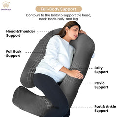Full Body J Shape Pregnancy Pillow For Women, Maternity Pillow, Dark Grey | Pillow Gift For Pregnancy Sleeping, Premium Velvet Cover With Zip | Adjustable & Washable, Multipurpose Pillow