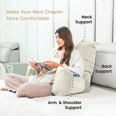 Backrest Pillow For Bed, Reading Pillow With Support Arms, Cream, King Size | Comfortable Back Support For Working, Watching TV In Bed, Premium Velvet Zipper Cover, Machine Washable