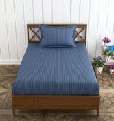 1 Bedsheet Single Satin Stripe Elastic Fitted With 1 Pillow Cover (36 X 78 Inches) Mediterranean Blue | Lightweight, Soft & Breathable - Perfect For Gifting On Weddings Bedsheet