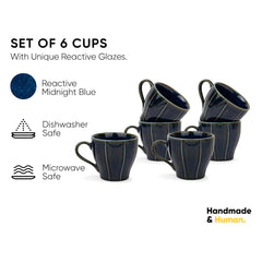 Ceramic Line Tea Cups Set Of 6 - Blue, 180ml Each | Tea Cup Set Of 6 - Premium Porcelain Tea Set | Ceramic Tea Cup With Glossy Finish - Small Cups For Tea | Line Tea Cup Only