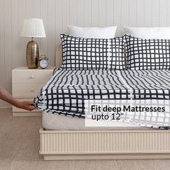 All Around Elastic Bedsheet For King Size Bed With 2 Matching Pillow Covers | 78 X 72 Inches, White & Black | Super Soft & Breathable