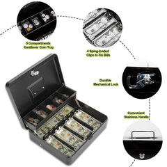 Cash Box With Lock & 2 Keys, Metal Money Box With Cash Tray, Portable Lock Safe Box, 4 Bill, 5 Coin Slots, Large Cash Boxes For Small Business 11.8 X 9.5 X 3.5 Inch, Colour - Top Key Black