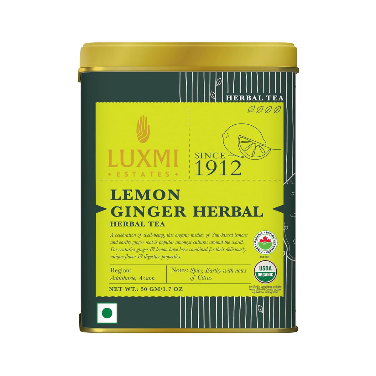 Luxmi Estates Lemon Ginger Herbal Tea - 50gm Tin, 1.7 Ounce | USDA Organic Certified Herbal Tea - Made With Lemon Peel, Ginger, Lemongrass, Licorice | Caffeine Free Herbal Tea