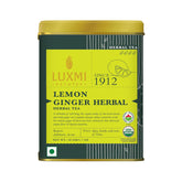 Luxmi Estates Lemon Ginger Herbal Tea - 50gm Tin, 1.7 Ounce | USDA Organic Certified Herbal Tea - Made With Lemon Peel, Ginger, Lemongrass, Licorice | Caffeine Free Herbal Tea
