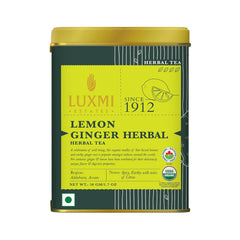 Luxmi Estates Lemon Ginger Herbal Tea - 50gm Tin, 1.7 Ounce | USDA Organic Certified Herbal Tea - Made With Lemon Peel, Ginger, Lemongrass, Licorice | Caffeine Free Herbal Tea