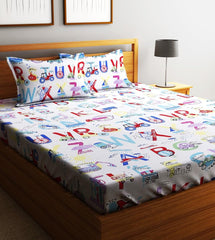 Microfiber Kids Alphabetical Elastic Fitted Double Bedsheet With 2 Pillow Covers | 90 X 90 Inches, Multicolor | Normal Hand Wash Or Machine Wash