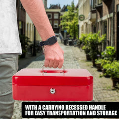 Cash Box With Key Lock, Metal Cash Box With Money Tray, Cash Register,5 Compartments Cantilever Tray & 4 Spring - Clips For Bills,11.81"X 9.45"X 3.54" Colour - Red