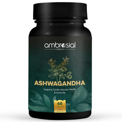 Ambrosial Ashwagandha 500mg Herbal Supplement 100% Natural & Vegan High Strength, Immunity Support, Improves Blood Flow & Reduces Cortisol Levels | 60 Capsules 100gm 0.2lbs