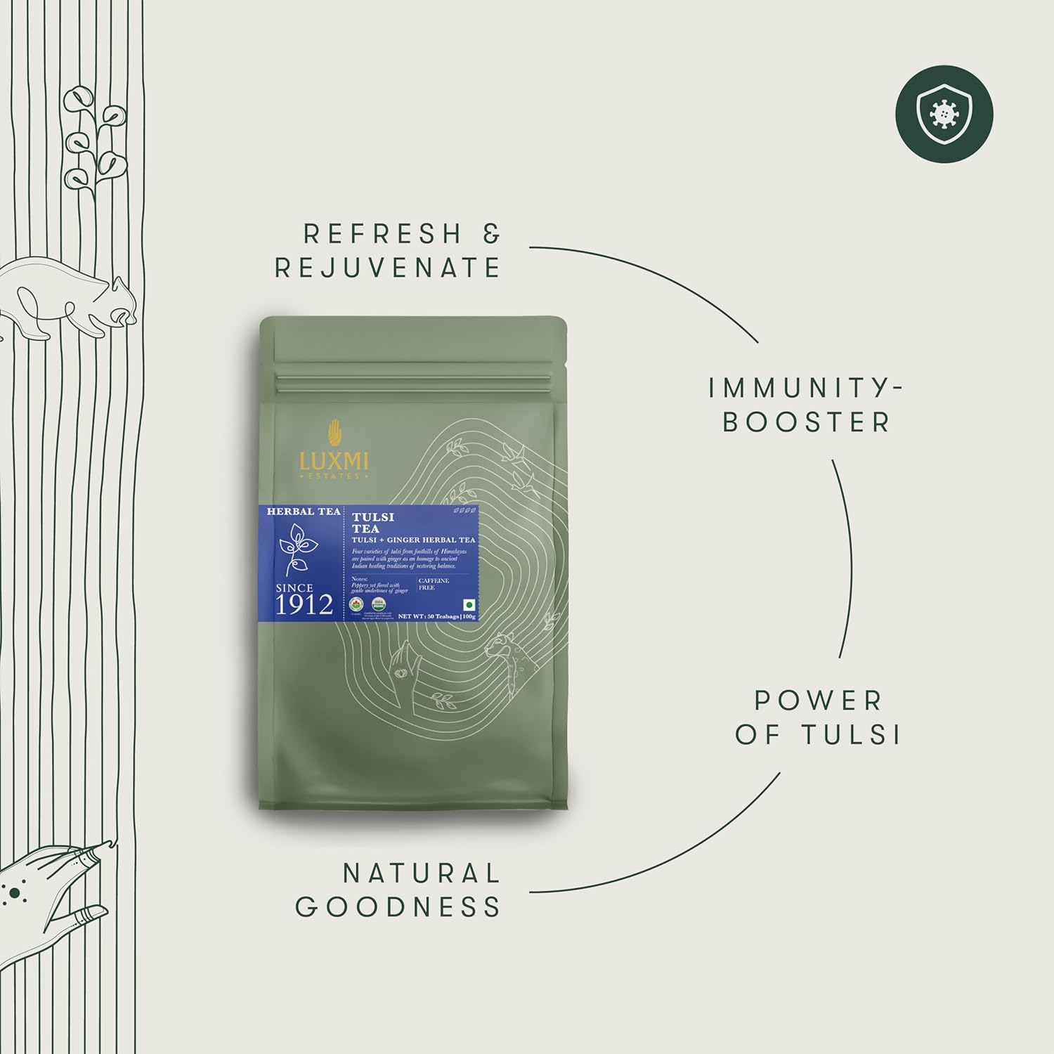 Luxmi Estates Tulsi + Ginger Herbal Tea - 100gm, 3.5 Ounce, 50 Tea Bags Each | USDA Certified Organic Tea - Caffeine Free Herbal Tea | Immune Support, Relief & Uplift Mood Luxmi Estates Tulsi + Ginger Herbal Tea - 100gm, 3.5 Ounce, 50 Tea Bags Each | USDA Certified Organic Tea - Caffeine Free Herbal Tea | Immune Support, Relief & Uplift Mood