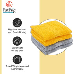 Patpug 100% Indian Ultra Soft Cotton Face Towel 500 Gsm | Napkin, Baby Face Towel, For Facewash, Gym, Travel, Hanky (Silver Grey & Sunrise Yellow) | Pack Of 4