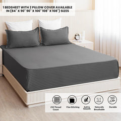 Cotton Flat Bedsheet For Queen With 2 Pillow Cover - 90 X 108 Inches, Grey | Ideal For Everyday Use Bedsheet - 300 Thread Count