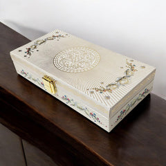 Floral Design Gold Printed Matt Touch Mgi Floral Decorative Box, Wedding Fancy Shagun Cash Box, Jewellery Box, Money Box, Gaddi Box, Colour - White, Style - Traditional