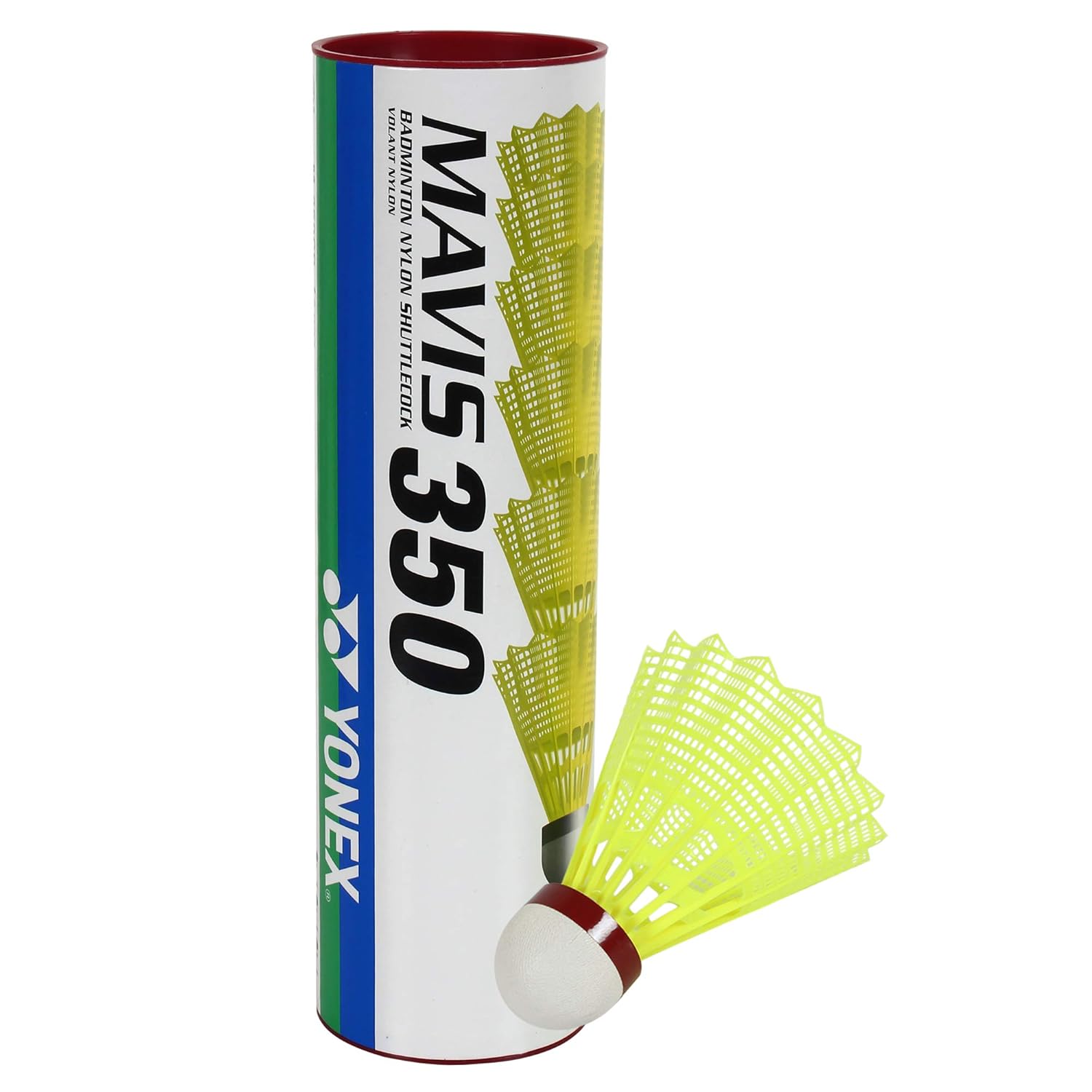Yonex MAVIS 350 Badminton Nylon Shuttlecocks, Red Cap, Colour - Yellow, Pack Of 6 Shuttles Yonex MAVIS 350 Badminton Nylon Shuttlecocks, Red Cap, Colour - Yellow, Pack Of 6 Shuttles