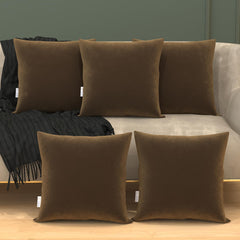 Microfiber Square Soft Pillow Cushion For Sofa & Bed, Brown - 16 X 16 Inch | Fluffy For Comfort & Back Support | Hypoallergenic, Washable | Premium Velvet Outer Cover With Zip - Pack Of 5