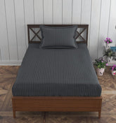 1 Bedsheet Single Satin Stripe Elastic Fitted With 1 Pillow Cover (36 X 78 Inches) Dark Grey | Lightweight, Soft & Breathable - Perfect For Gifting On Weddings Bedsheet