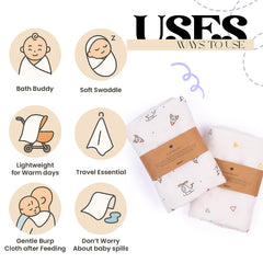 Haber Traditional Baby Muslin Bath Towel 110 Gsm | Organic Indian Cotton 4 Layer, Eco-Conscious & Safe Printed Muslin Cloth Towels | Pack Of 2 (Chopper & Trio)