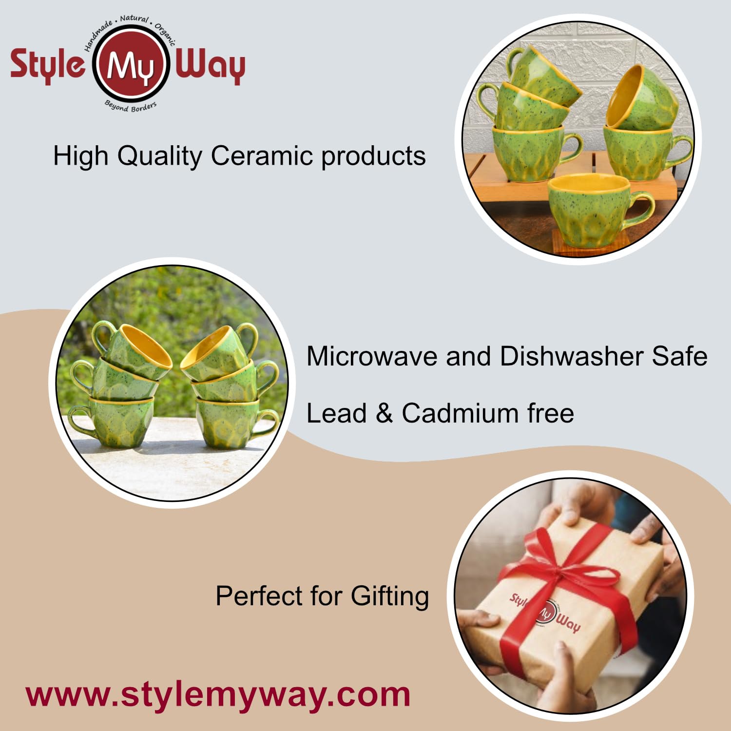 Hand Crafted Ceramic Coffee Mugs Set Of 6 - 200ml Each, Green & Yellow | Chai Cups - Coffee Mug Set - Tea Cup Set Hand Crafted Ceramic Coffee Mugs Set Of 6 - 200ml Each, Green & Yellow | Chai Cups - Coffee Mug Set - Tea Cup Set