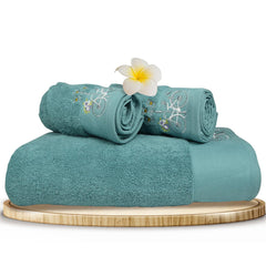 Rangoli 100% Cotton Martin Bath & Hand Towels 900 Gsm | Quick Dry, Ultra Soft, Highly Absorbent Printed Bath Towel - Turquise (Set Of 3)