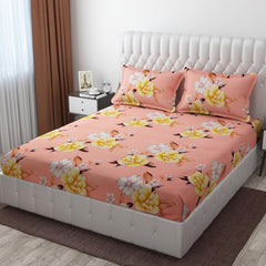 Elastic Fitted Bedsheets For King Size With 2 Pillow Covers - 72 X 78 X 10 Inches, Peach | Premium Heavy Cotton All Around Elastic Fitted | Ideal For Hotel, Home, Bedroom