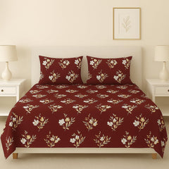 Glace Cotton Flat Double Bedsheets With 2 Pillow Covers | 90 X 90 Inches, Maroon & White | Double Bed Breathable | Wrinkle Free & Summer