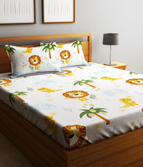 Microfiber Kids Lions Elastic Fitted Double Bedsheet With 2 Pillow Covers | 90 X 90 Inches, Orange | Normal Hand Wash Or Machine Wash