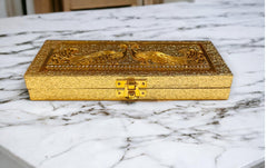 Premium Decorative Designer Mdf Golden Gifting Cash Box, Shagun Box, Jewellery Box, Money Box, Gaddi Box 20x8.5x4cm, Pattern - Embossed Peacock