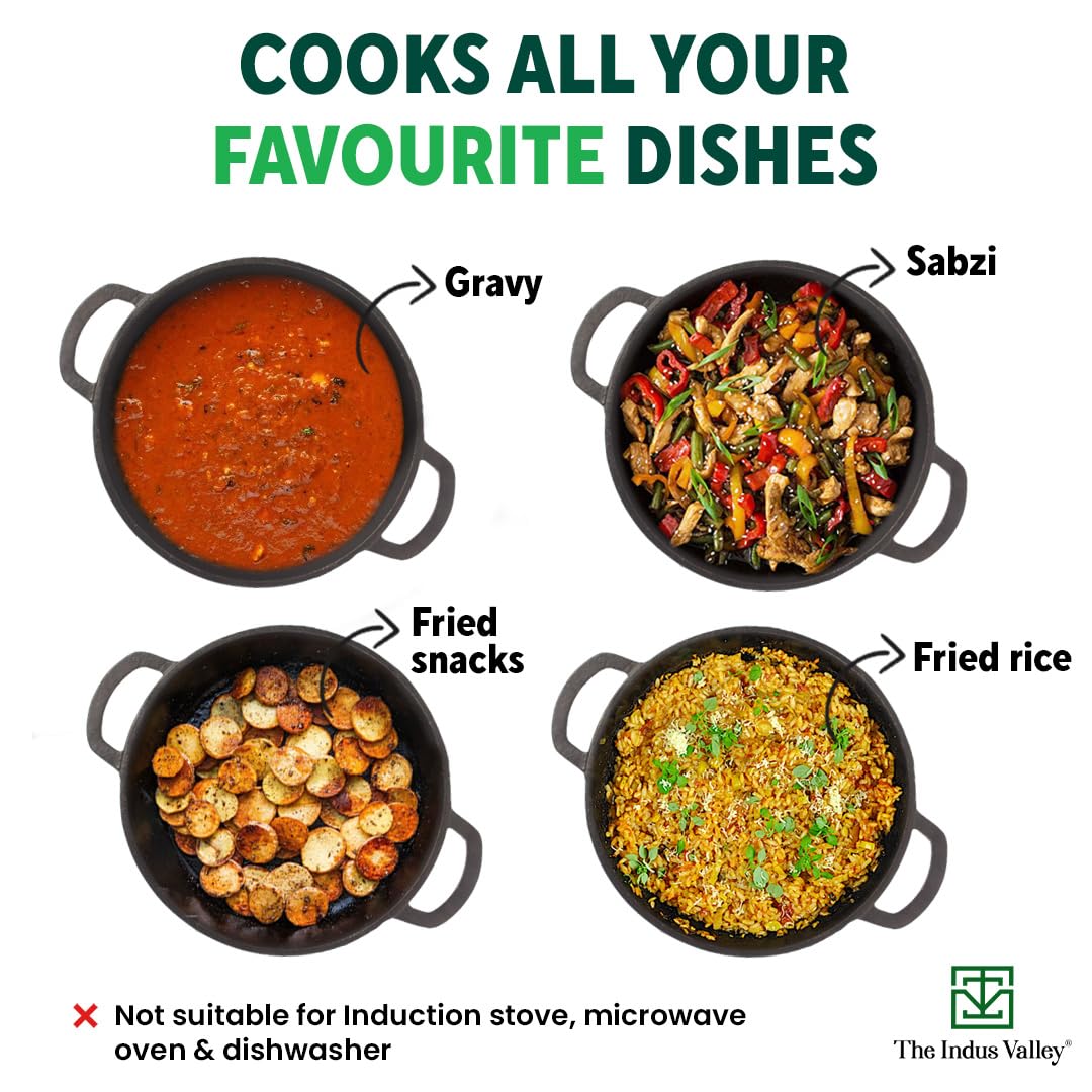 Pre-Seasoned Black Cast Iron Cookware Set - Tawa 25.7 Cm + Kadai 25.4 Cm, 2.3 Liters | Kitchen Cooking Combo Pots & Pans Set Of 2 Pcs - Naturally Nonstick Pre-Seasoned Black Cast Iron Cookware Set - Tawa 25.7 Cm + Kadai 25.4 Cm, 2.3 Liters | Kitchen Cooking Combo Pots & Pans Set Of 2 Pcs - Naturally Nonstick