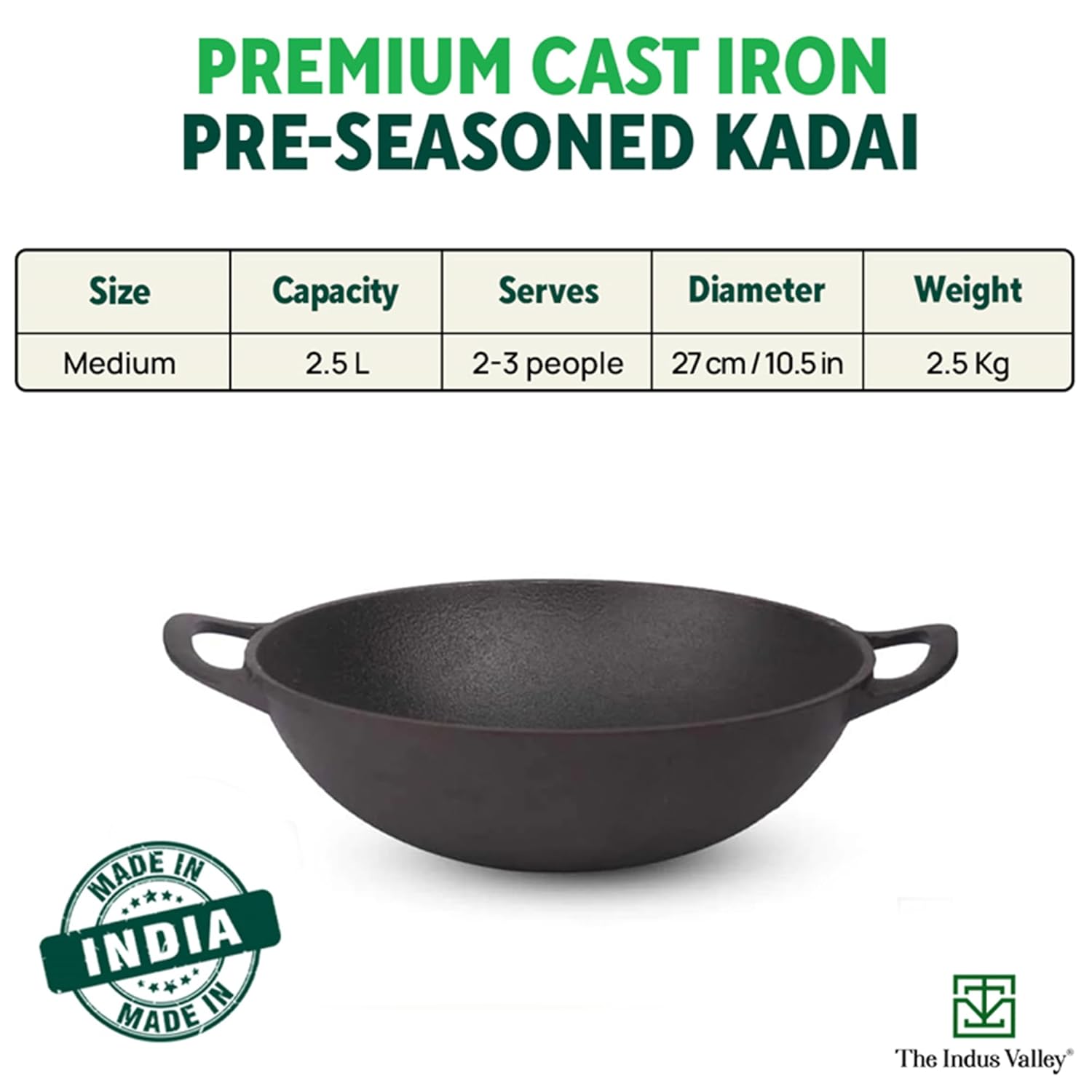 Pre-Seasoned Black Cast Iron Kadai With Flat Handles - Medium, 10.5 Inch, 27 Cm, 2.5 Liters, 2.5 Kg | Induction Friendly, Naturally Nonstick Kadhai, 100% Pure & Toxin-Free, No Chemical Coating Pre-Seasoned Black Cast Iron Kadai With Flat Handles - Medium, 10.5 Inch, 27 Cm, 2.5 Liters, 2.5 Kg | Induction Friendly, Naturally Nonstick Kadhai, 100% Pure & Toxin-Free, No Chemical Coating