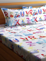 Microfiber Kids Alphabetical Elastic Fitted Double Bedsheet With 2 Pillow Covers | 90 X 90 Inches, Multicolor | Normal Hand Wash Or Machine Wash