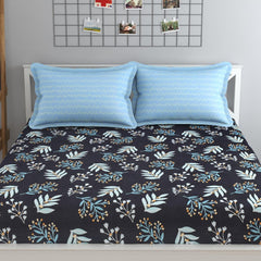 Bedsheet For Queen Size Bed With 2 Pillow Covers - 90 X 100 Inches, Black & Sky Blue | Soft, Breathable, Wrinkle Free & Fade Resistant