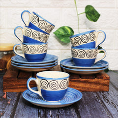 Blue Swirl Ceramic Cups & Saucers Set Of 6 | Tea Cup Set Of 6 Cups + 6 Saucers For Tea, Coffee, Hot Drinks - 12 Pieces, 150ml, Microwave Safe