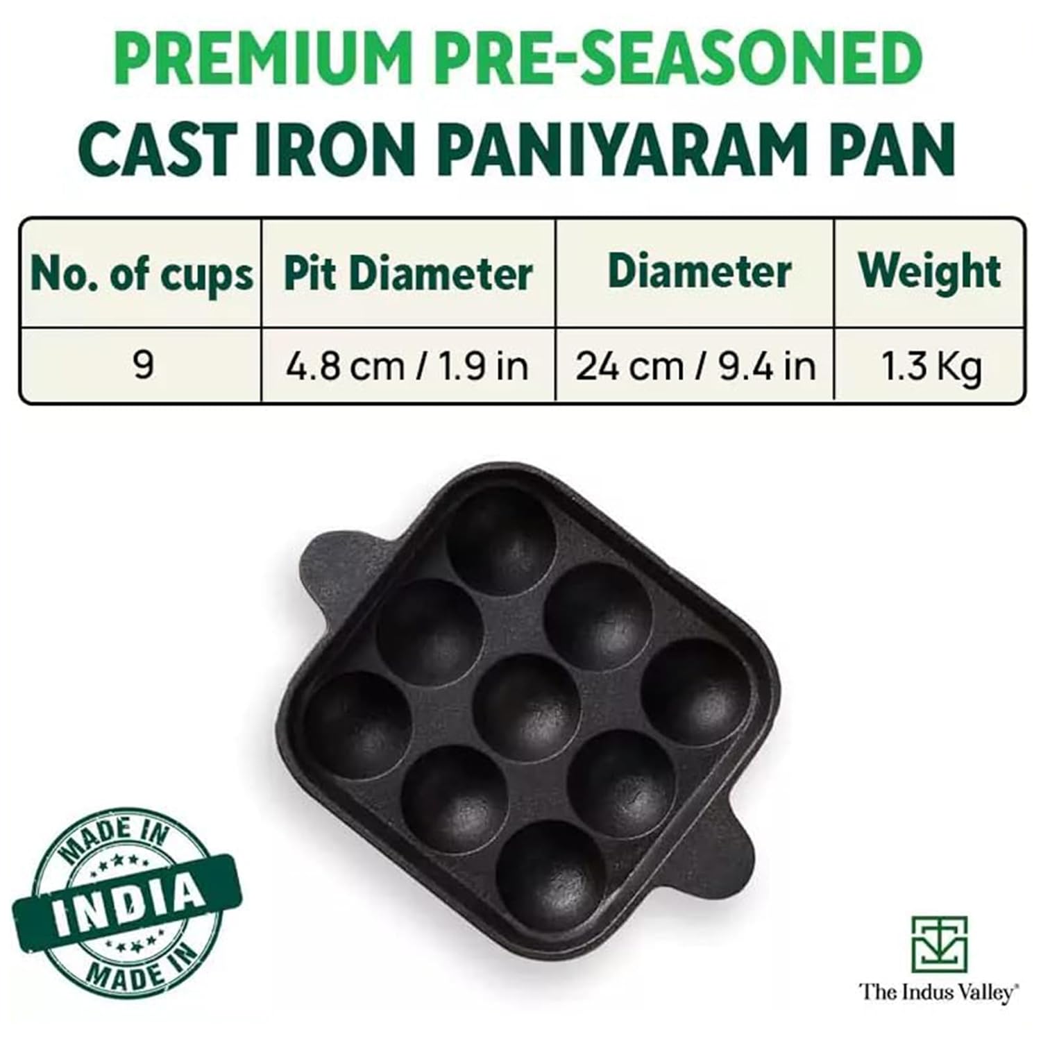 Pre-Seasoned Black Cast Iron Square Paniyaram Pan - 9 Pits, 24cm, 9.4 Inch, 1.3 Kg | Induction Friendly - Naturally Nonstick Appe Or Paddu Pan, 100% Pure & Toxin-Free, No Chemical Coating Pre-Seasoned Black Cast Iron Square Paniyaram Pan - 9 Pits, 24cm, 9.4 Inch, 1.3 Kg | Induction Friendly - Naturally Nonstick Appe Or Paddu Pan, 100% Pure & Toxin-Free, No Chemical Coating